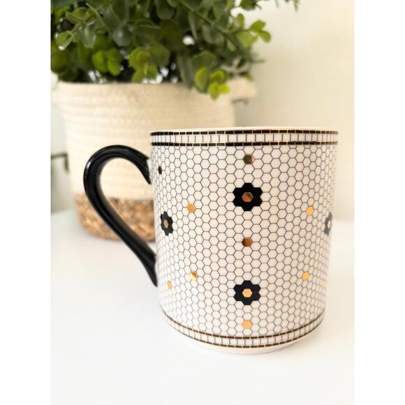 Anthropologie Bistro Tile Margot Coffee Mug Letter T Monogram Black Ceramic - Picture 3 of 7